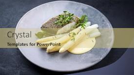  Presentation with white plate - Presentation theme enhanced with fried-gourmet-skrei-cod-fish background and a  colored foreground