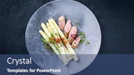  Presentation with white plate - Presentation design consisting of fried-iberian-pork-fillet-sliced background and a ocean colored foreground