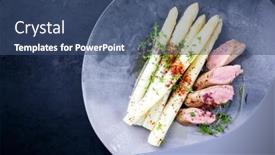  Presentation with white plate - Presentation consisting of fried-iberian-pork-fillet-sliced background and a ocean colored foreground