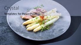  Presentation with white plate - Slide set with fried-iberian-pork-fillet-sliced background and a light blue colored foreground