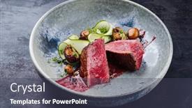  Presentation with beef - Presentation with fried-italian-chianina-beef-fillet background and a dark gray colored foreground