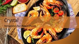  Presentation with prawn - Theme with fried king prawns on iron background and a gold colored foreground
