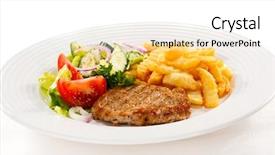  Presentation with steaks - Presentation consisting of fried meal - grilled steaks chips and vegetable background and a  colored foreground