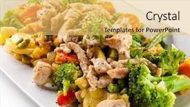  Presentation with meat - Audience pleasing theme consisting of fried meal - roasted meat white rice backdrop and a yellow colored foreground