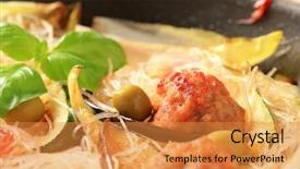  Presentation with chinese - Audience pleasing PPT layouts consisting of fried meatballs with chinese vermicelli backdrop and a  colored foreground