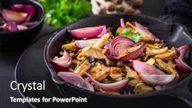 Presentation with herbs - PPT theme featuring fried-mushrooms-with-red-onions background and a dark gray colored foreground