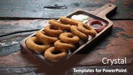  Presentation with mayonnaise - Audience pleasing slide set consisting of fried onion rings with ketchup and mayonnaise isolated on rustic wooden table backdrop and a tawny brown colored foreground