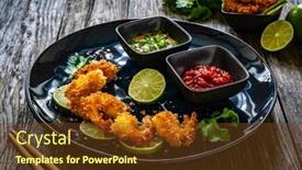  Presentation with sauces - Presentation design featuring fried-panko-prawns-with-lime background and a tawny brown colored foreground