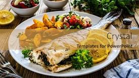  Presentation with gluten free bread on wooden - Slides with fried-perch-with-boiled-potatoes background and a yellow colored foreground