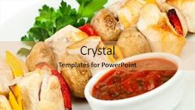  Presentation with hen - Presentation having fried pieces of a hen with sauce on a white background background and a yellow colored foreground