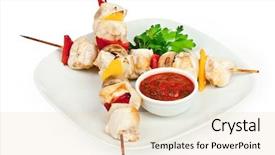  Presentation with hen - Slides with fried pieces of a hen with sauce on a white background background and a lemonade colored foreground