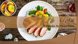  Presentation with vegetables - PPT theme having fried-pork-loin-with-fried background and a gold colored foreground