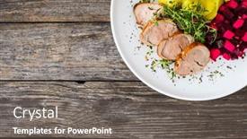  Presentation with potato - Presentation theme having fried-pork-loin-with-potato background and a gray colored foreground