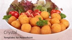  Presentation with potato - Beautiful presentation design featuring fried-potato-ball-with-salad backdrop and a gold colored foreground