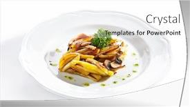  Presentation with restaurant menu - Beautiful presentation theme featuring fried potatoes with mushrooms on a restaurant plate isolated on white background close up healthy vegetarian menu with diced backed potato champignons and greens on flat dish closeup backdrop and a white colored foreground