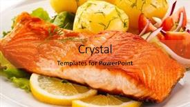  Presentation with salmon fish - PPT theme enhanced with fried salmon and vegetables background and a gold colored foreground