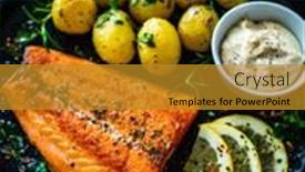  Presentation with mayonnaise - Slide set consisting of fried-salmon-fillet-with-boiled background and a gold colored foreground