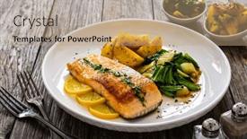  Presentation with salmon - Presentation theme featuring fried-salmon-steak-with-lemon background and a coral colored foreground