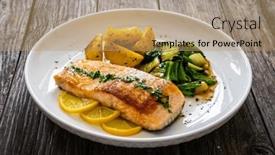  Presentation with salmon - Presentation design featuring fried-salmon-steak-with-lemon background and a coral colored foreground