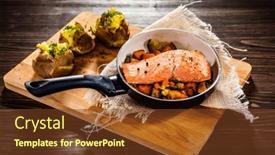  Presentation with frying - Presentation having fried-salmon-steak-with-mushrooms background and a tawny brown colored foreground