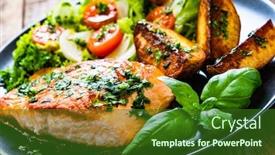  Presentation with salmon - PPT theme with fried-salmon-steak-with-potatoes and a forest green colored foreground