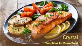  Presentation with steak - PPT layouts having fried-salmon-steak-with-potatoes background and a tawny brown colored foreground