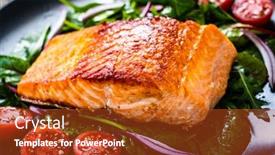  Presentation with salmon - Audience pleasing theme consisting of fried-salmon-steak-with-vegetables and a crimson colored foreground
