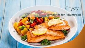  Presentation with steaks - Presentation theme having fried-salmon-steaks-with-lemon background and a sky blue colored foreground