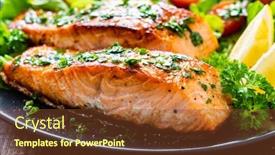  Presentation with steaks - Beautiful presentation theme featuring fried-salmon-steaks-with-vegetables backdrop and a tawny brown colored foreground