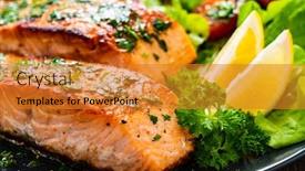  Presentation with steaks - Presentation theme having fried-salmon-steaks-with-vegetables background and a gold colored foreground