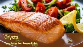  Presentation with steaks - Colorful slide set enhanced with fried-salmon-steaks-with-vegetables backdrop and a tawny brown colored foreground