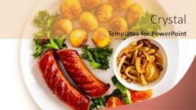  Presentation with onion - Colorful slide set enhanced with fried-sausages-fried-potatoes-onion backdrop and a yellow colored foreground