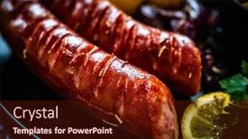  Presentation with sausages - Presentation theme with fried-sausages-fried-potatoes-onion background and a tawny brown colored foreground
