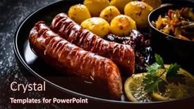  Presentation with onion - Slide deck featuring fried-sausages-fried-potatoes-onion background and a wine colored foreground