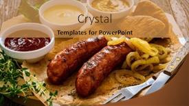  Presentation with sausages - Presentation featuring fried-sausages-onion-and-bread background and a yellow colored foreground