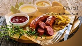  Presentation with sausages - Presentation featuring fried-sausages-onion-and-bread background and a yellow colored foreground