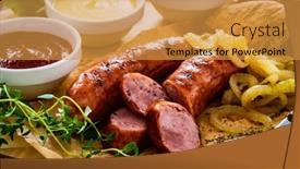  Presentation with sausages - Slide deck enhanced with fried-sausages-onion-and-bread background and a gold colored foreground