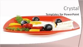 Presentation with feta cheese - PPT theme with fried scrambled eggs eye with white goat feta cheese on red plate isolated over white background with black olives and vegetables background and a white colored foreground