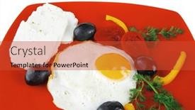  Presentation with feta cheese - Slide set featuring fried scrambled eggs eye with white goat feta cheese on red plate isolated over white background with black olives and vegetables background and a red colored foreground