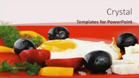  Presentation with feta cheese - Audience pleasing slide set consisting of fried scrambled eggs eye with white goat feta cheese on red plate isolated over white background with black olives and vegetables backdrop and a lemonade colored foreground