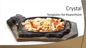  Presentation with seafoods - Beautiful theme featuring fried seafoods - salmon shrimps mussels and calamari rings backdrop and a white colored foreground