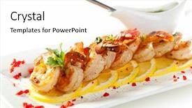  Presentation with shrimps - Presentation theme having fried shrimps on lemon carpaccio with sauce background and a white colored foreground