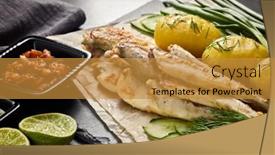  Presentation with sauces - Colorful PPT theme enhanced with fried-smelts-serving-with-vegetables backdrop and a gold colored foreground