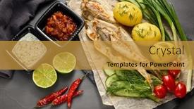  Presentation with sauces - PPT theme featuring fried-smelts-serving-with-vegetables background and a gold colored foreground