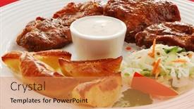  Presentation with steaks - Presentation theme consisting of fried steaks with chips and vegetable salad background and a gold colored foreground