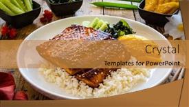  Presentation with steak - Slides having fried-teriyaki-salmon-steak background and a gold colored foreground