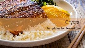  Presentation with sticky rice mango thai dessert - PPT theme consisting of fried-teriyaki-salmon-steak background and a gold colored foreground