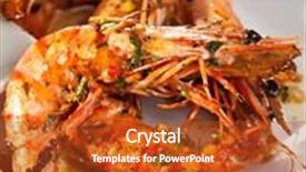  Presentation with prawn - Presentation with fried tiger prawn with rice and lemon background and a crimson colored foreground