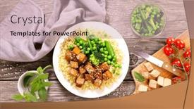  Presentation with soy - PPT theme featuring fried-tofu-green-vegetable background and a soft green colored foreground