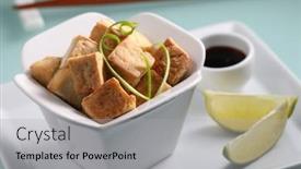 Presentation with soy sauce - PPT layouts with fried-tofu-served-with-soy background and a light gray colored foreground